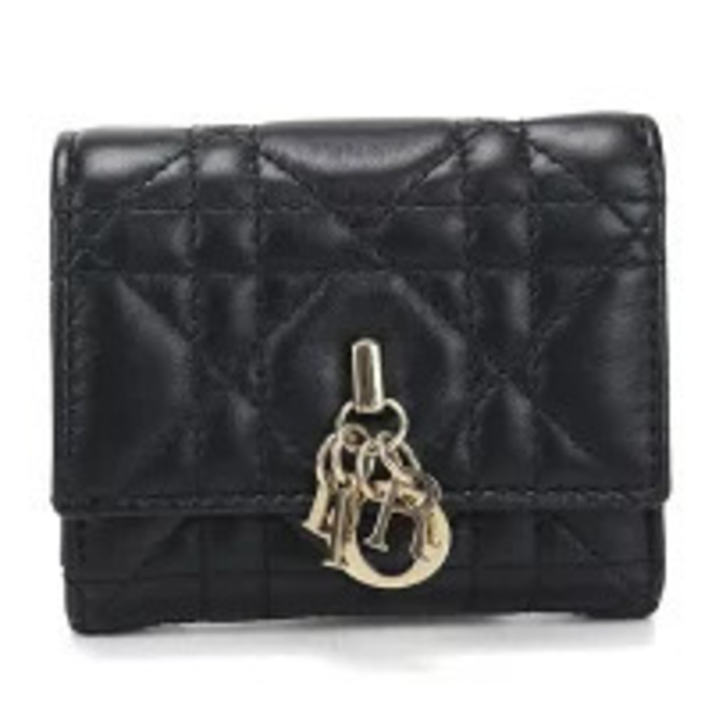 Christian Dior Tri fold Wallet Compact My Hibiscus Leather Black